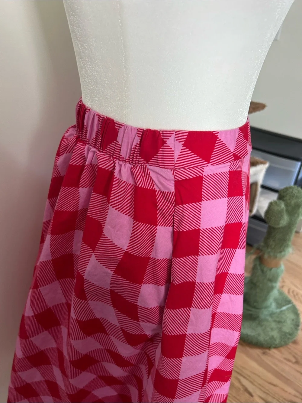 Scoop NYC XS Pink Red Gingham High Waist A Line Midi Skirt Elastic Back